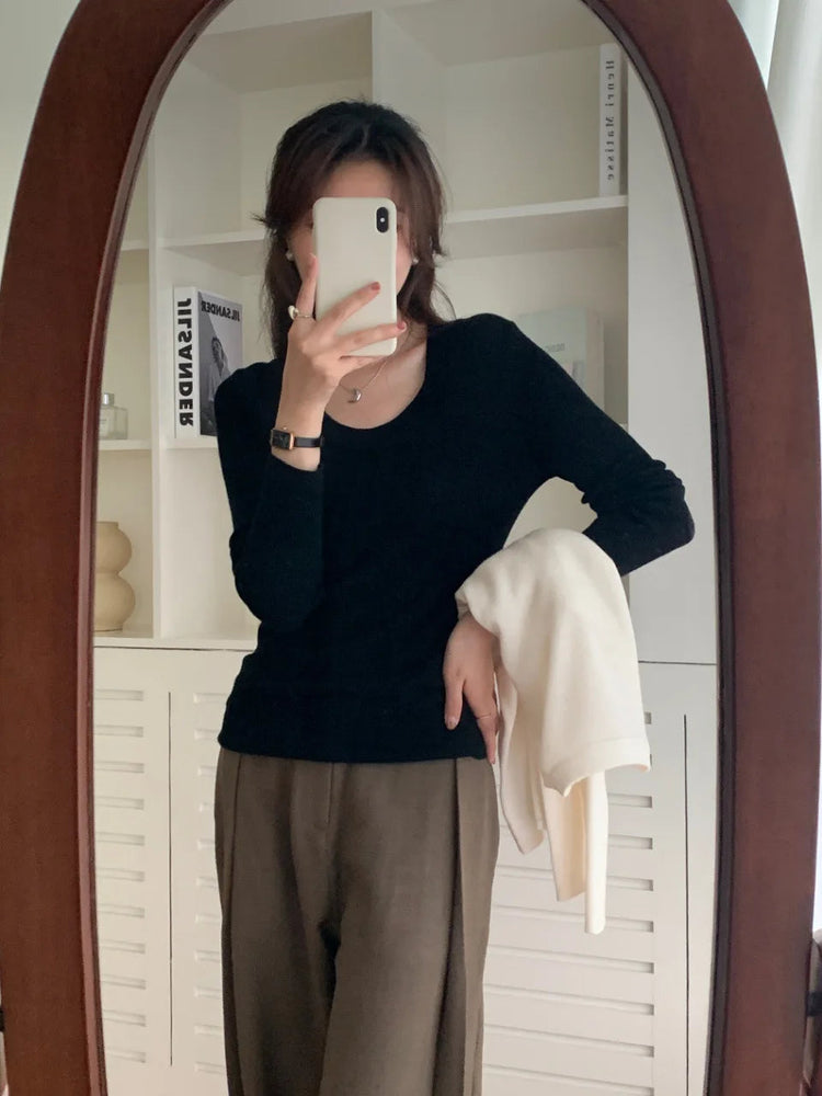 100% 48 count wool U-neck Ultra-fine Merino Wool Shirt for Women's Slim and Thin Bottoming Shirt for Women's Autumn and Winter PlatiNum