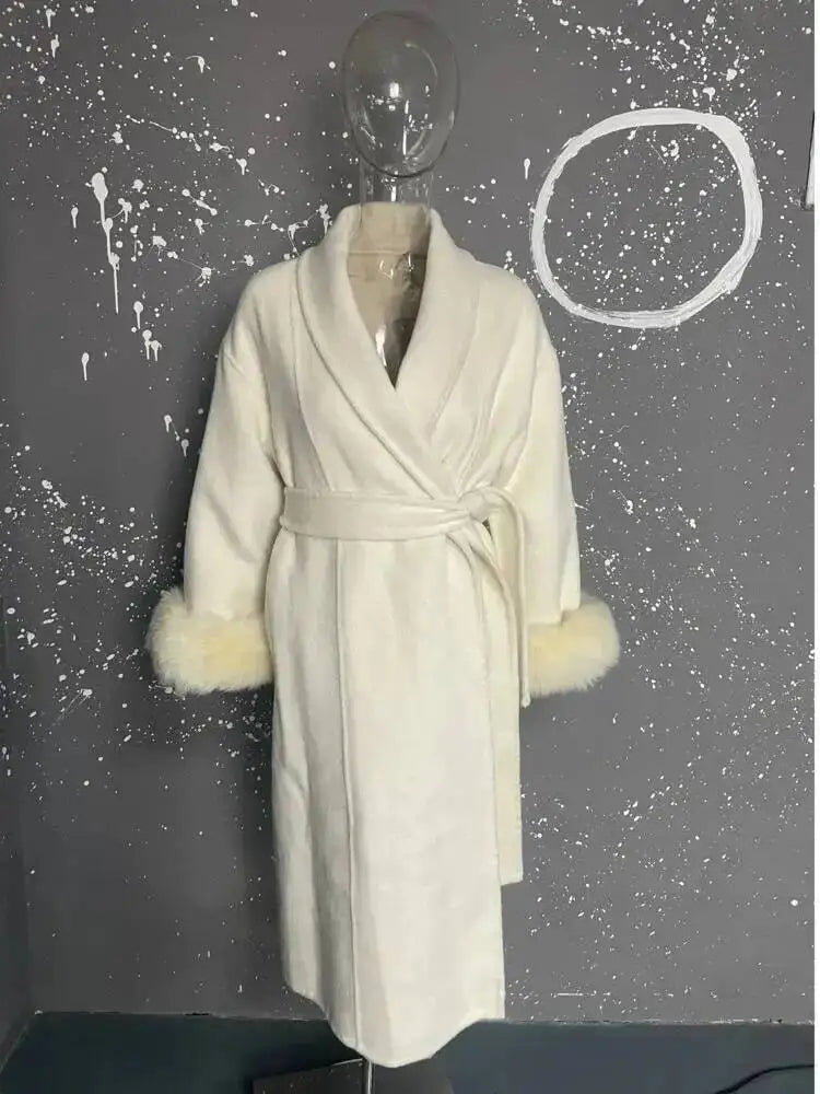 UCXQ Elegant OL Office Lady Overcoats Fur Patchwork Long Sleeve Woolen Coat Beautiful Women's Clothing Jacket Autumn 2025 Winter