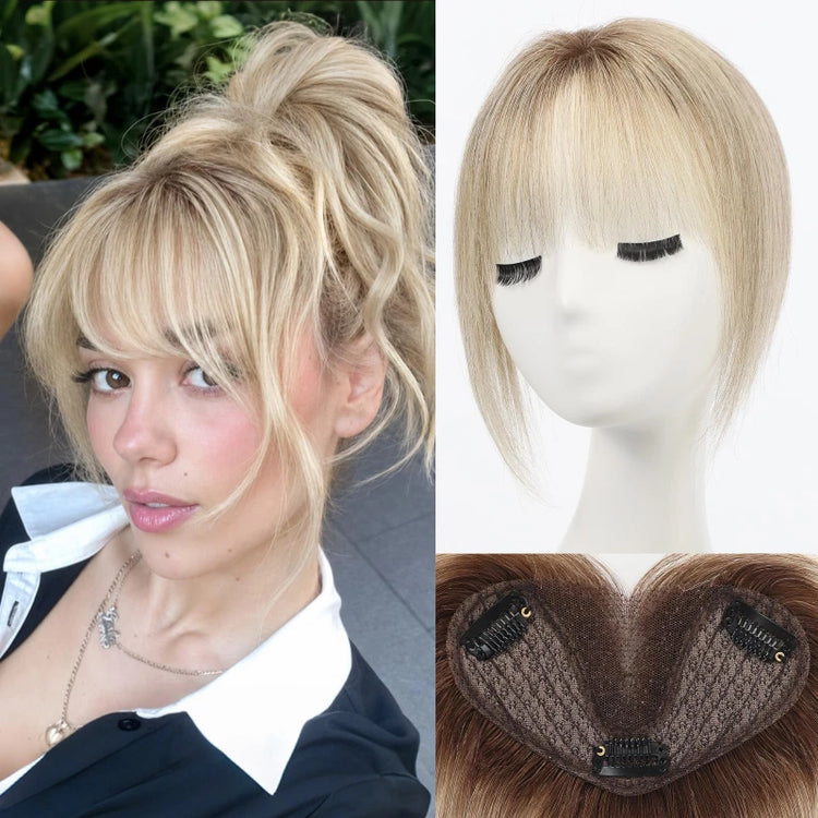 Brown Real Human Hair Toppers with Air Bangs 8inch Hairs Topper Hand-Tied Lace Base 360° Coverage for Women with Thinning Hair
