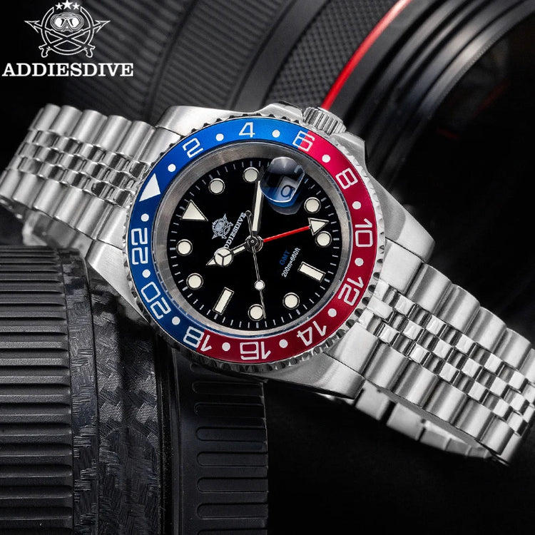 ADDIESDIVE New 40mm Luxury Men Business GMT Watch Swiss Ronda 515-24H Quartz Waterproof 200m Luminous Aluminum Ceramic Bezel