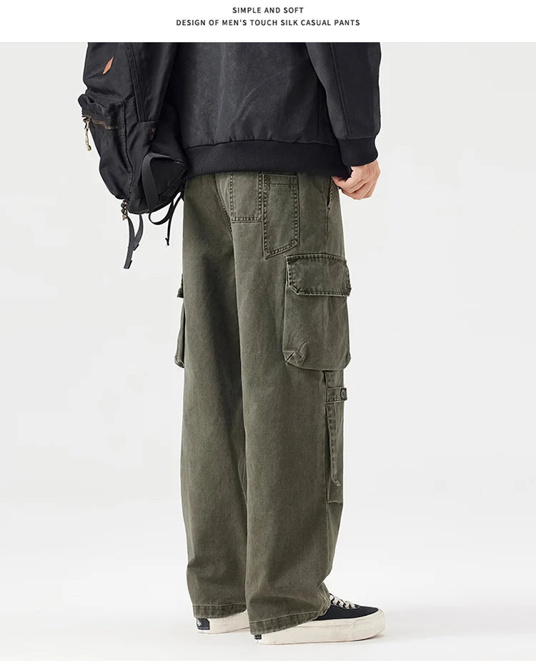 Autumn New Cargo Loose Multi-pockets 100% Cotton Straight Pants for Men Clothing Comfort Zipper Male Trouser GF258113