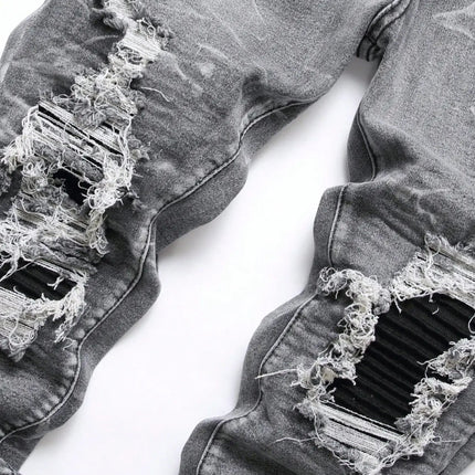 Men‘s Stretchy Denim Jeans Streetwear Tearing Patchwork Holes Ripped Denim Elastic Waist Casual Pants Slim fit Straight Trousers PlatiNum