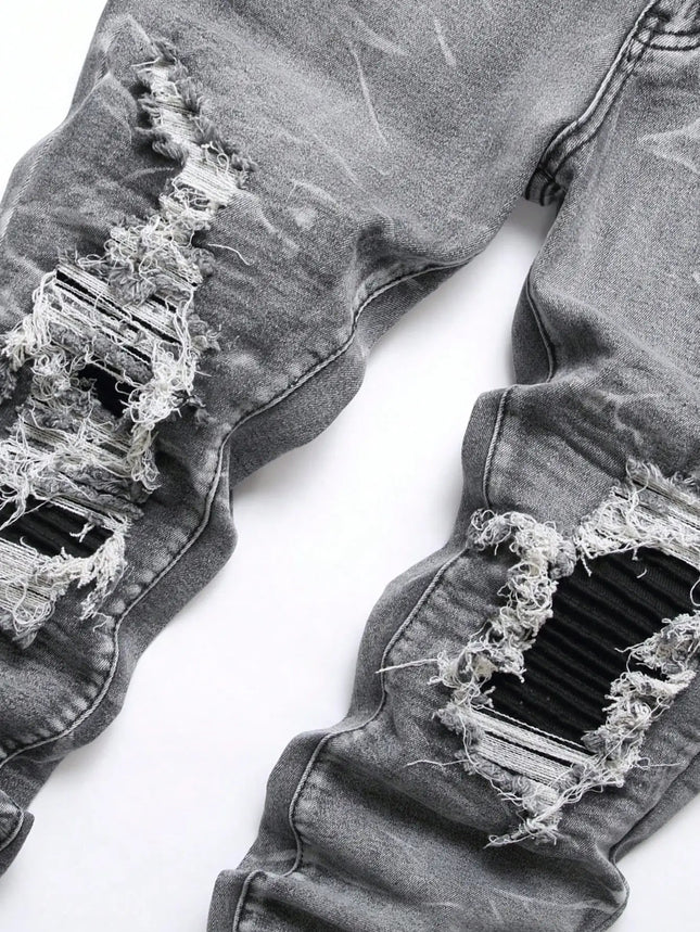Men‘s Stretchy Denim Jeans Streetwear Tearing Patchwork Holes Ripped Denim Elastic Waist Casual Pants Slim fit Straight Trousers PlatiNum