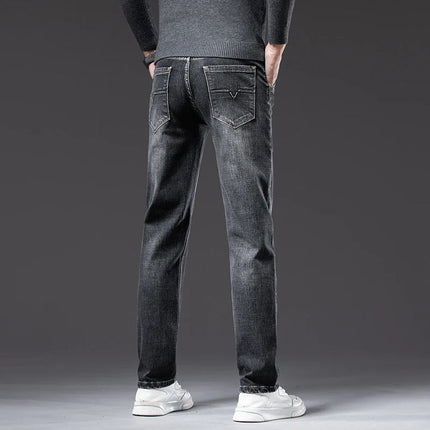 Autumn Men's Business Straight Fit Jeans Vintage Blue Smoke Gray Stretch Trousers Soft Comfortable Fabric Denim Pants Male PlatiNum