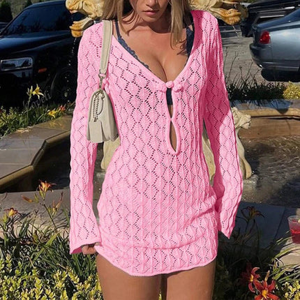 Copricostume da spiaggia a maniche lunghe casual slim fit da donna, abito corto lavorato a maglia alla moda semplice, grembiule con protezione solare per le vacanze primaverili e autunnali platinumshop