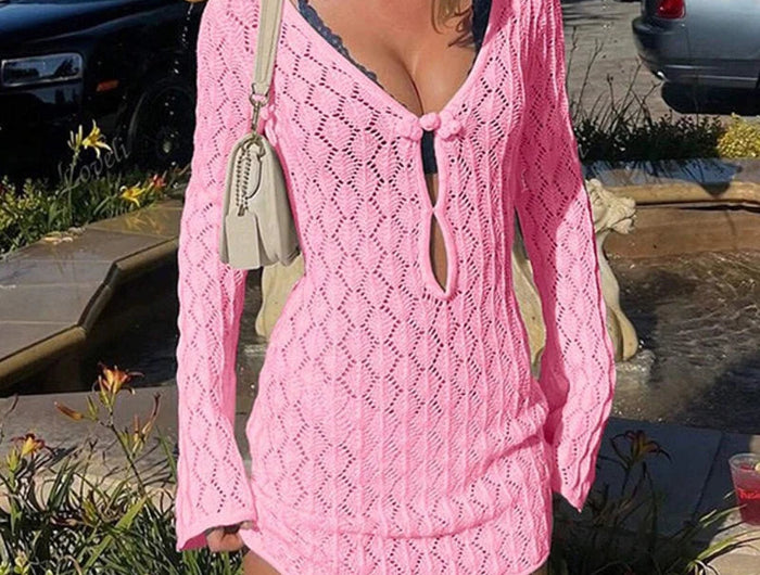 Copricostume da spiaggia a maniche lunghe casual slim fit da donna, abito corto lavorato a maglia alla moda semplice, grembiule con protezione solare per le vacanze primaverili e autunnali platinumshop