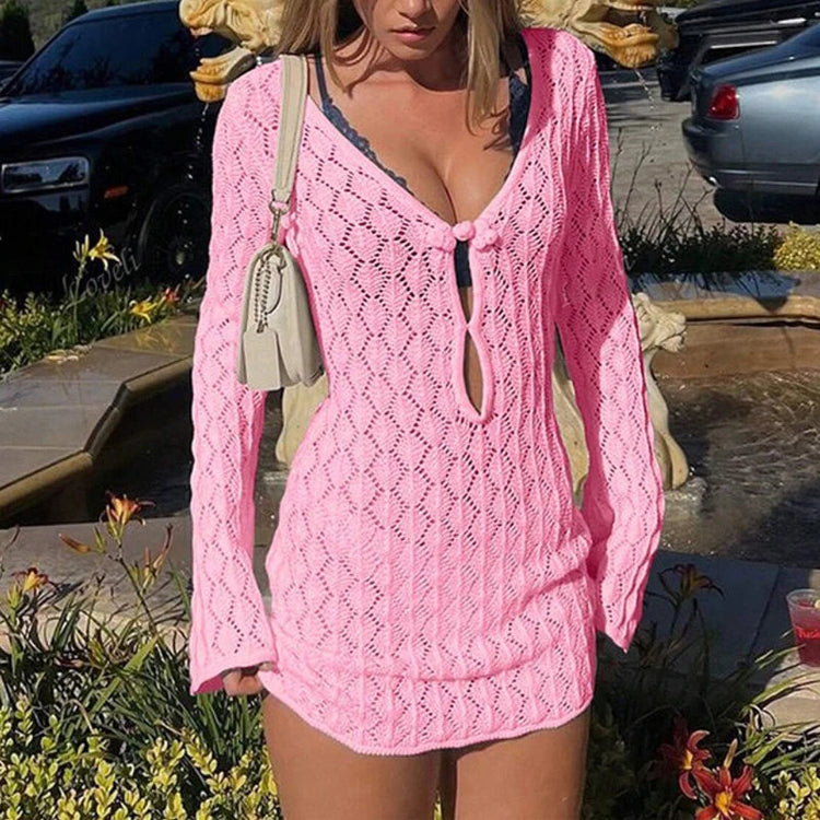 Copricostume da spiaggia a maniche lunghe casual slim fit da donna, abito corto lavorato a maglia alla moda semplice, grembiule con protezione solare per le vacanze primaverili e autunnali platinumshop