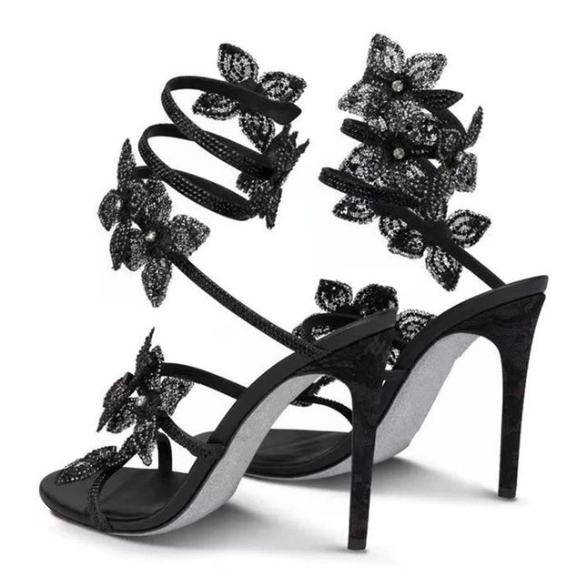 Eilyken Sexy CRYSTAL Flower Thin High Heels Women Sandals Street Style Narrow Band Ankle Strap Pole Dancing Ladies Shoes PlatiNum