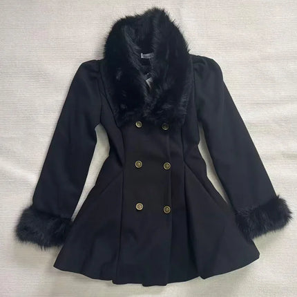 Winter Hepburn Black Fur Collar Woolen Coat French Style Vintage Blends Slim Mid-length Outwear Elegant Lolita Warm Outfits New