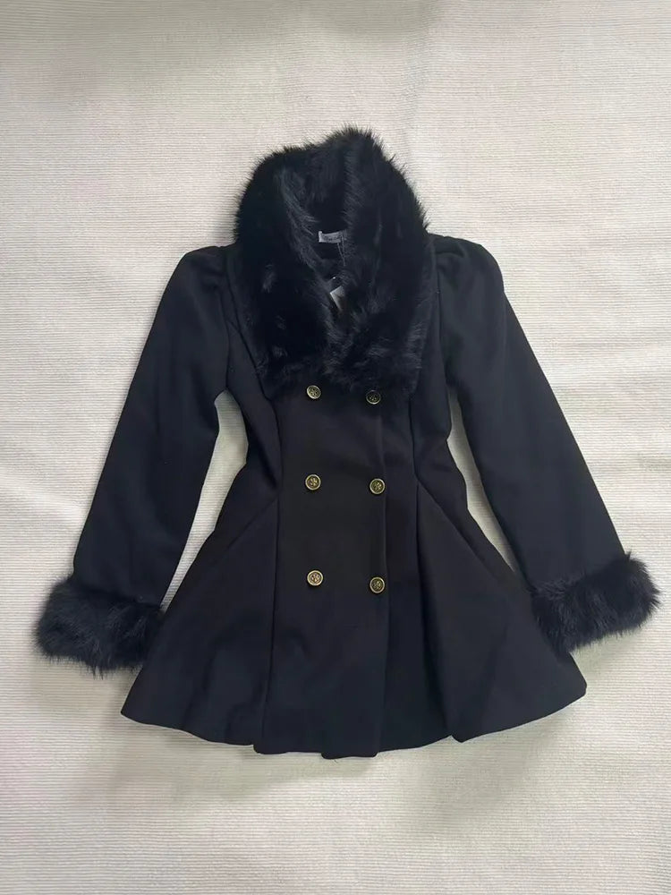Winter Hepburn Black Fur Collar Woolen Coat French Style Vintage Blends Slim Mid-length Outwear Elegant Lolita Warm Outfits New