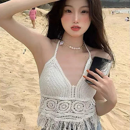 Sexy Boho Beach Holiday Canotta Halter Donna Crochet Maglia Costume da bagno Reggiseno Backless Vest Hollow Nappa Canotta Crop Top da donna platinumshop
