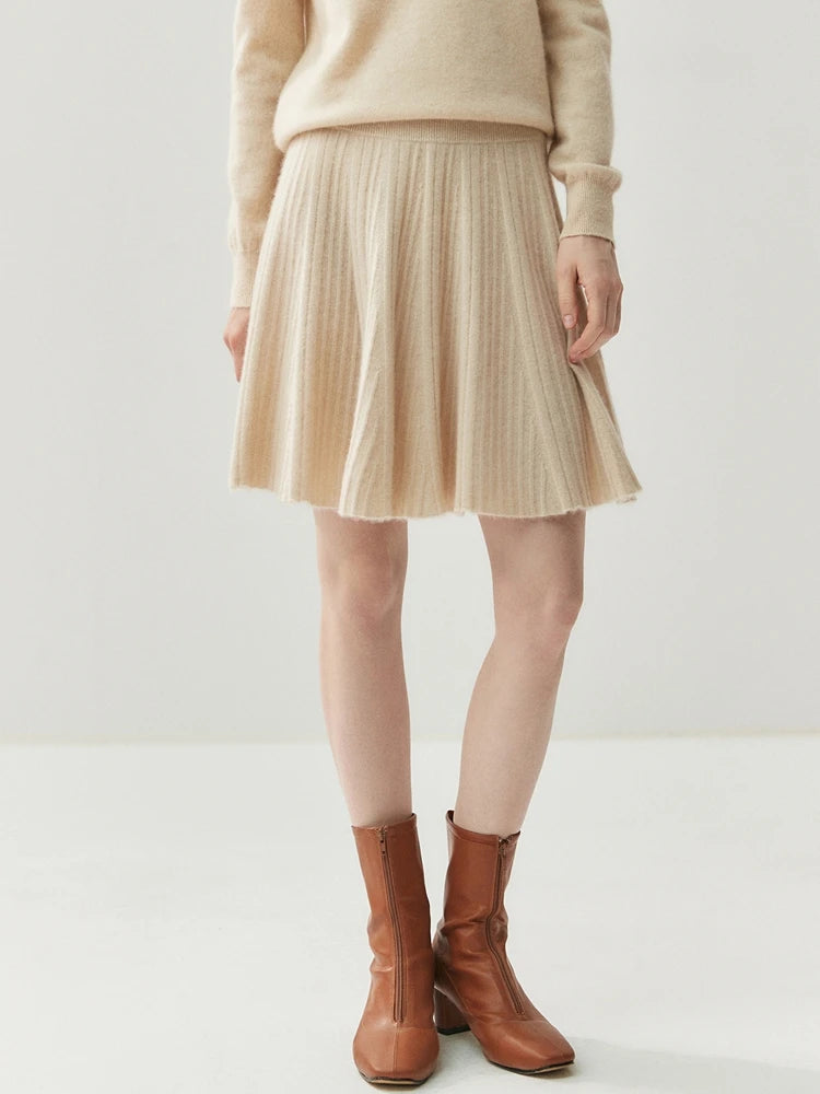 CHICUU Women's A-line Pleated Skirt 100% Cashmere Knit Mini Skirt Autumn Winter Preppy Style Above Knee Skirt Cashmere Knitwear PlatiNum