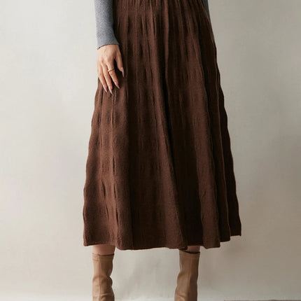Women Cashmere Skirt A-Line Jacquard Elastic Waist Flared Skirt Autumn Winter 100% Cashmere Knitted Office Lady Curled Hem Dress PlatiNum