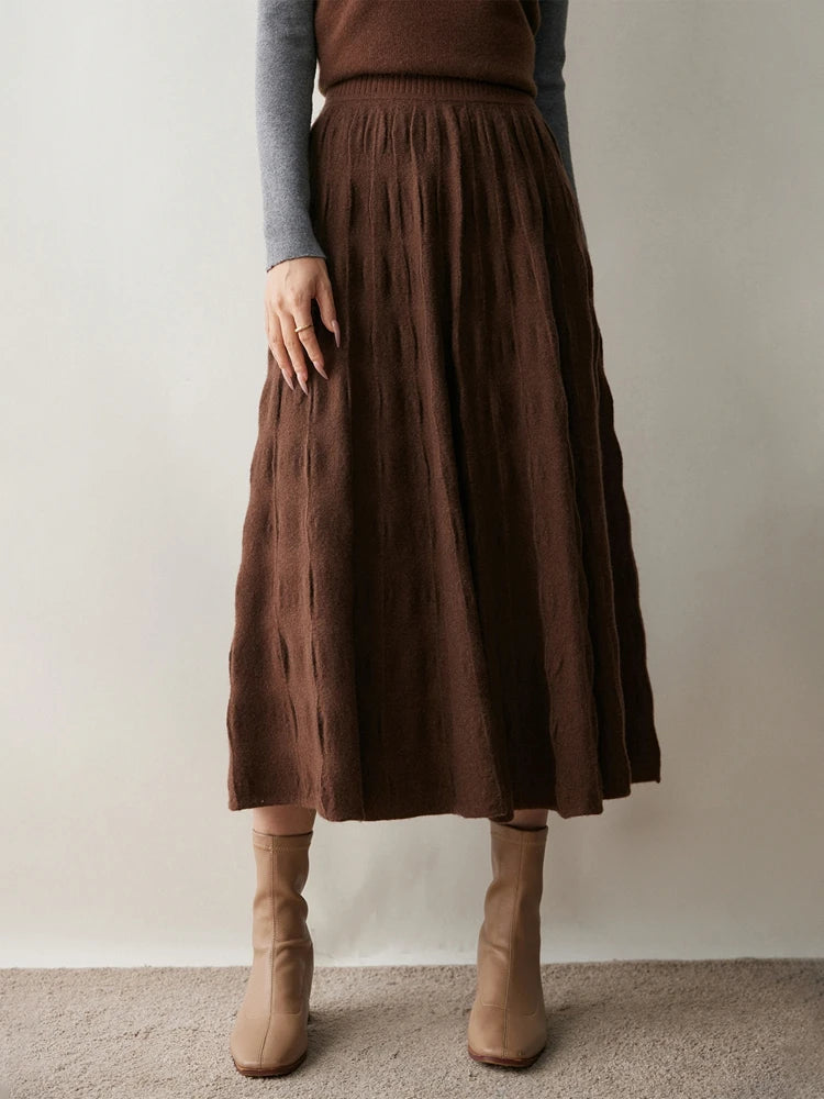 Women Cashmere Skirt A-Line Jacquard Elastic Waist Flared Skirt Autumn Winter 100% Cashmere Knitted Office Lady Curled Hem Dress PlatiNum