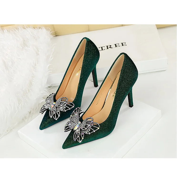 BIGTREE Scarpe Designer Nuove donne Décolleté Strass Farfalla Nodo Punta a punta Flock 10CM Tacchi sottili Scarpe da donna mature super alte