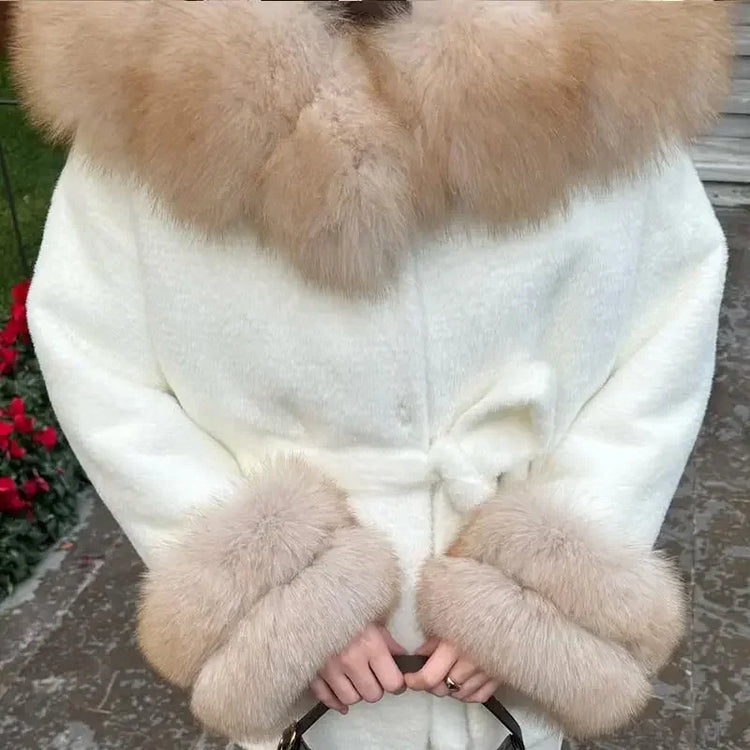 Casual Patchwork Faux Fur Collar Women's Coat Lace Up Pockets Thicken Lady Coats 2026 Autumn Winter Female Street Outerwear