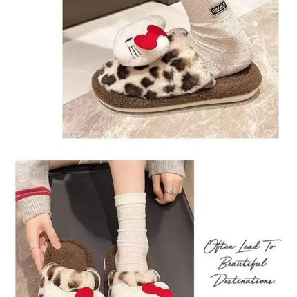 Women Cute Cartoon Cat Leopard Print Plush Slippers Warm Fuzzy Non-Slip Soft Sole Winter Indoor Bedroom Cozy House Home Shoes