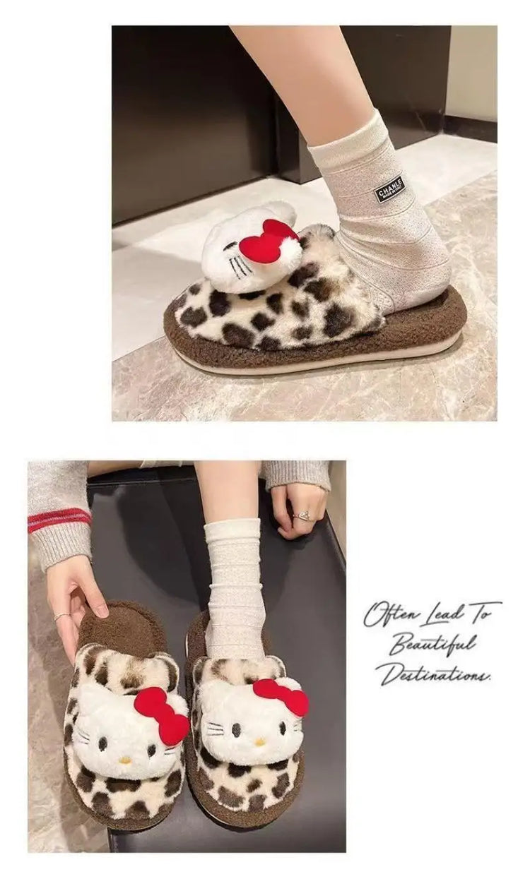 Women Cute Cartoon Cat Leopard Print Plush Slippers Warm Fuzzy Non-Slip Soft Sole Winter Indoor Bedroom Cozy House Home Shoes