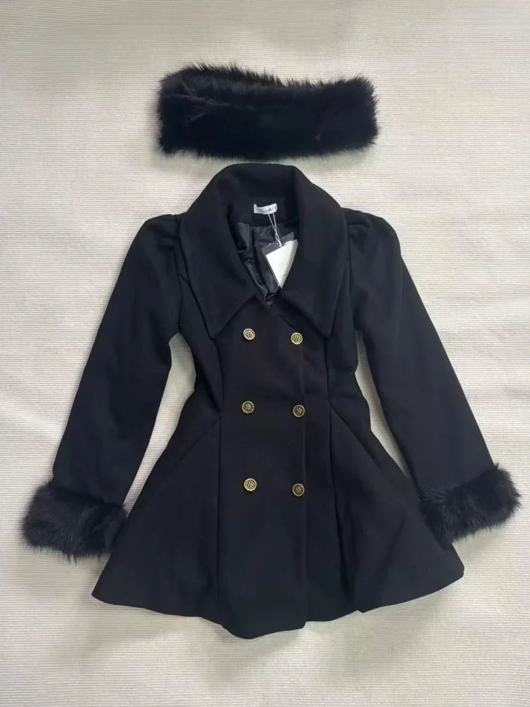 Winter Hepburn Black Fur Collar Woolen Coat French Style Vintage Blends Slim Mid-length Outwear Elegant Lolita Warm Outfits New