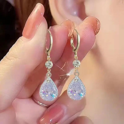 Korean Fashion Zircon Water Drop Earrings for Women Shiny Crystal Long Pendant Dangle Earring Girls Wedding Party Jewelry Gifts PlatiNum
