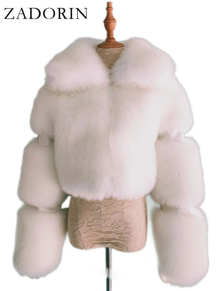 ZADORIN Winter Cropped Jacket Women Turn Down Collar Furry Faux Fox Fur Coat Woman Long Sleeve Thick Warm Fluffy Fur Jacket Tops