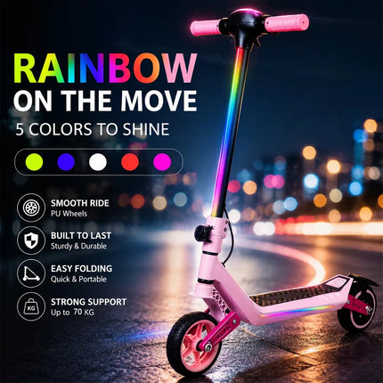 Monopattino elettrico per bambini, doppia sospensione, luci arcobaleno colorate e schermo LED, autonomia di 12 km, un regalo ideale per ragazzi e ragazze dai 6 anni in su.