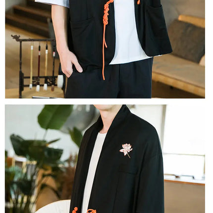 Nuova Camicia Giapponese da Samurai Ricamata in Cotone e Lino da Uomo, Vestibilità Ampia, Stile Retrò Tradizionale, Casual, Traspirante, Confortevole ed Elegante