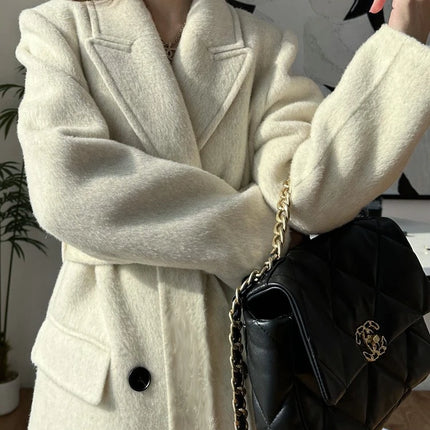 High-end White Thick Double-sided Wool Cashmere Coat Long Women Fashion Casual Loose Lapel Lace-up Woolen Jacket Autumn Winter