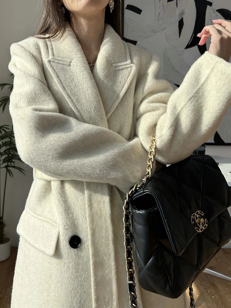 High-end White Thick Double-sided Wool Cashmere Coat Long Women Fashion Casual Loose Lapel Lace-up Woolen Jacket Autumn Winter