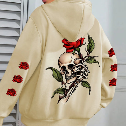 Oversized Y2K Skull and Rose Pattern - Hoodie - Soft Casual Long Sleeve Pocket, Comfortable Women's Oversized Daily Clothing
