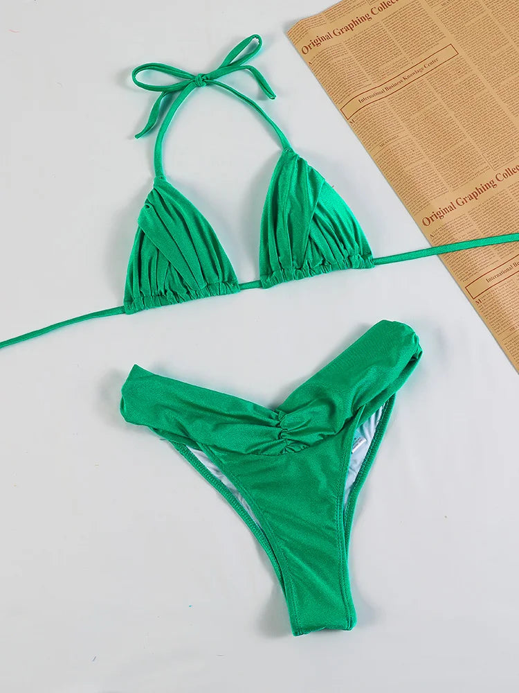 Set Bikini Sexy con Pieghe, Micro Bikini Tinta Unita, Costume da Bagno Femminile a Triangolo, Abbigliamento da Spiaggia platinumshop