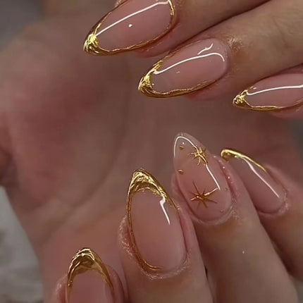 24Pcs Medium Almond Nude‑Pink 3D Textured Metallic Cat‑Eye French Sheer Press‑On False Nails For Nail Art Decor