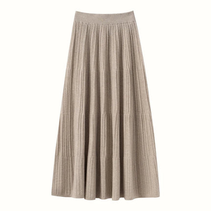 Autumn Winter Women Tiered Skirt Cashmere A-line Pleated Skirt Elastic Waist 100% Cashmere Knitted High Quality Soft Solid Dress PlatiNum