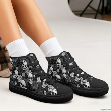 XIXIRIMIDO Red Canvas Sneakers Men New Canvas Sneakers Halloween Shoes Woman Comfortable High-Top Canvas Shoes Skull Pattern