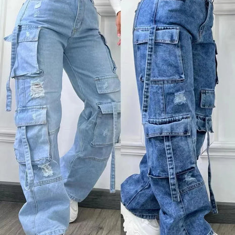 Nuovi Jeans da Donna 2026 alla Moda, Tinta Unita, Casual, Stile Workwear, in Denim, a Vita Alta, Multitasche, Vestibilità Ampia, Versatili, Taglie Forti