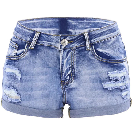 Women's Split Denim Shorts Summer Beach Wild Fashion Sexy Mid Waist Curled Cuff Perforated Elastic Slim Fit Casual Shorts PlatiNum