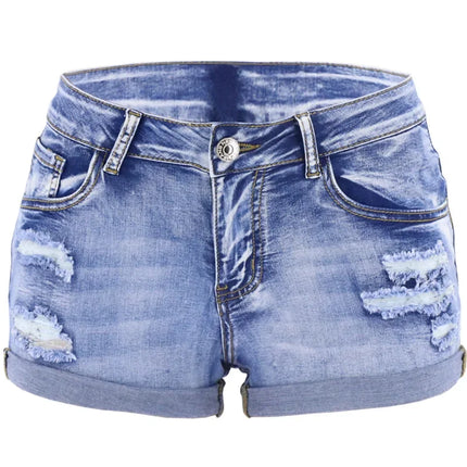 Shorts en jean fendus pour femme, taille moyenne, élastiques, avec revers, décontractés, pour la plage, à la mode, sexy, pour l'été