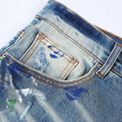 Street Fashion Men Jeans Retro Light Blue Stretch Skinny Fit Patched Ripped Jeans Men Painted Designer Brand Hip Hop Denim Pants PlatiNum