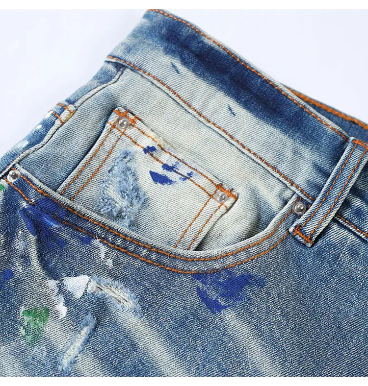 Street Fashion Men Jeans Retro Light Blue Stretch Skinny Fit Patched Ripped Jeans Men Painted Designer Brand Hip Hop Denim Pants PlatiNum