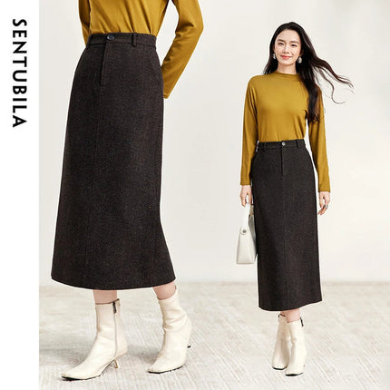 SENTUBILA Straight Wool Skirt Women 2025 Winter Vintage Elegant Tweed High-waist Slit-hem Temperament Long Skirts 144Q56942 PlatiNum