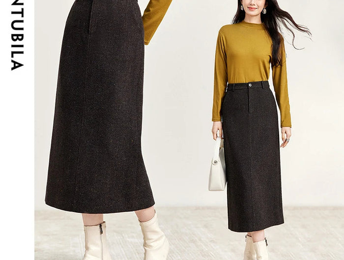 SENTUBILA Straight Wool Skirt Women 2025 Winter Vintage Elegant Tweed High-waist Slit-hem Temperament Long Skirts 144Q56942 PlatiNum