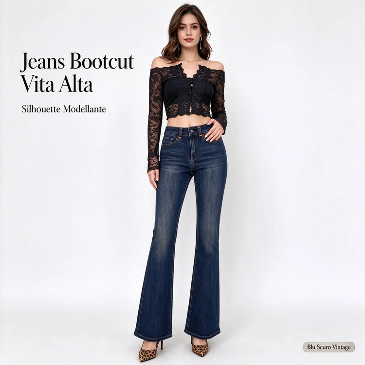 Jeans Women High Waist Bootcut Dark Blue Vintage Wash, Slimming Shaping Stretch Denim for Office and Leisure,Yw-1979