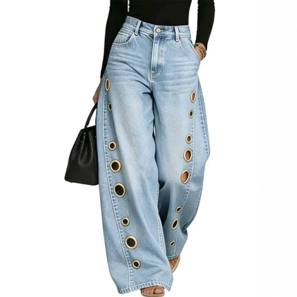 Jeans da Donna a Gamba Larga, Vita Media, con Dettagli Traforati, Effetto Vintage, Stile High Street, Eleganti, da Lavoro, Casual, Pantaloni Dritti