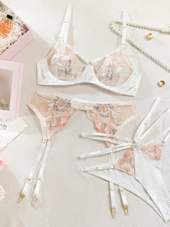 French Style Floral Embroidery Lingerie Set Transparent Hollow Out Bra and Panty Fancy Garter Belt Women Erotic Underwear