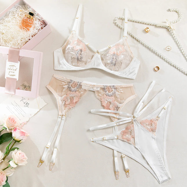 French Style Floral Embroidery Lingerie Set Transparent Hollow Out Bra and Panty Fancy Garter Belt Women Erotic Underwear