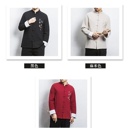 Camicie a maniche lunghe da uomo Ricamo tradizionale in cotone e lino Casual Tang Suit Cardigan da uomo Camicette Kung Fu retrò stile cinese da uomo