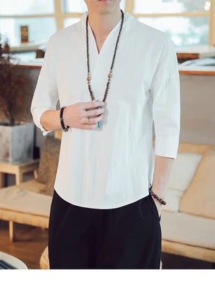 Kimono estivo stile giapponese manica corta uomo nuovo cotone a mezza manica lino traspirante abbigliamento uomo t-shirt giapponese Yukata top