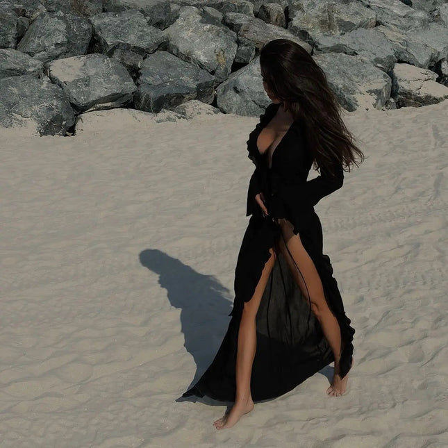 Abbigliamento da spiaggia con protezione solare a maniche lunghe Abbigliamento da donna Sexy scollo a V increspato Nero Bianco Nuova tunica in chiffon Copricostume da spiaggia platinumshop