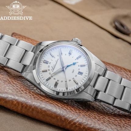 ADDIESDIVE 36mm Stainless Steel GMT Quartz Watch Bubble Mirror Pot Cover Glass 10ATM Dive Luminous Simple Watches For Men