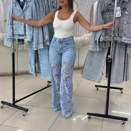 Jeans a Vita Alta e Gamba Larga, Pantaloni Estivi alla Moda con Inserti in Pizzo, Jeans in Denim Traforato e Drappeggiato, Jeans da Donna in Cotone con Cerniera per Primavera